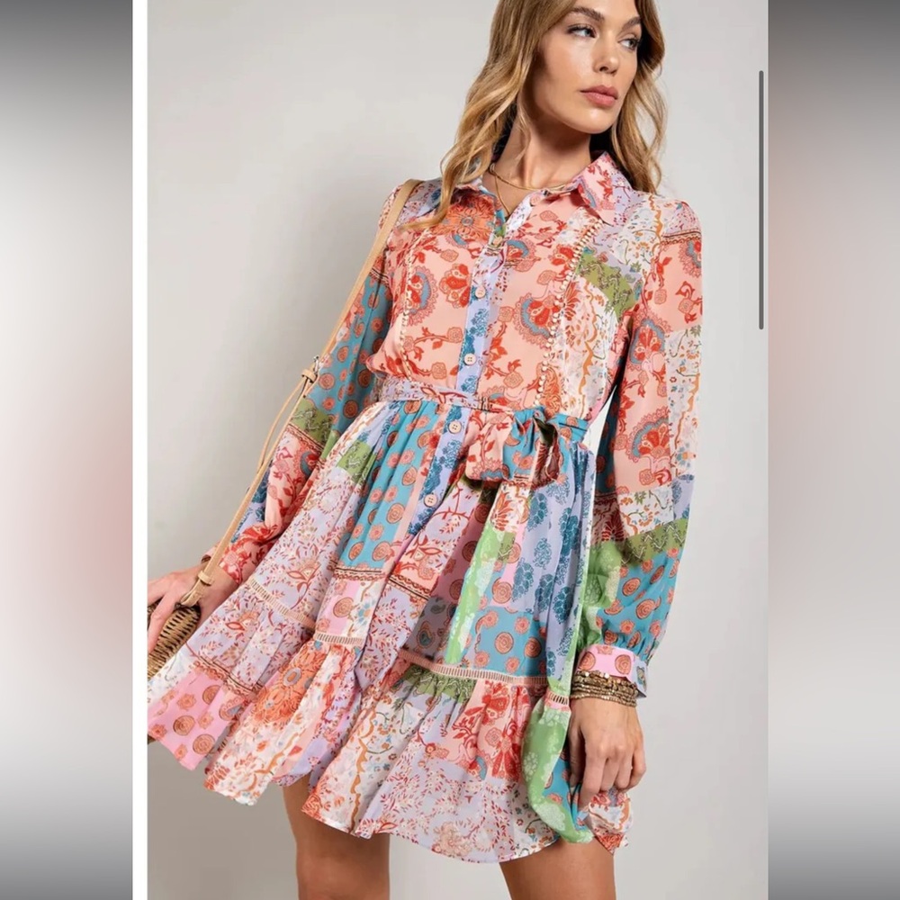 NWOT Floral Patchwork Boho Mini Boutique Dress Super Cute